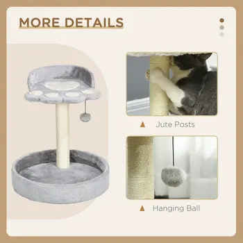 44cm Cat Tower with Sisal Cat Scratching Post, Cat Claw Shape, Light Grey | PawHut