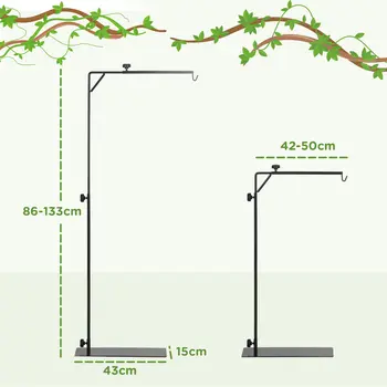 86-129Hcm Adjustable Height and Length Reptile Lamp Stand Holder with Hook Hanging, Base - Black | PawHut