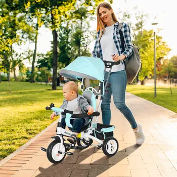 6 in 1 Kids Trike Push Bike w/ Push Handle, Canopy, 5-point Safety Belt, Storage, Footrest, Brake, for 1-5 Years, Green | HOMCOM