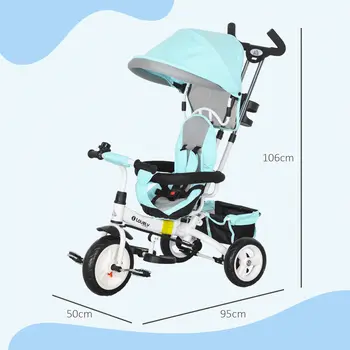 6 in 1 Kids Trike Push Bike w/ Push Handle, Canopy, 5-point Safety Belt, Storage, Footrest, Brake, for 1-5 Years, Green | HOMCOM