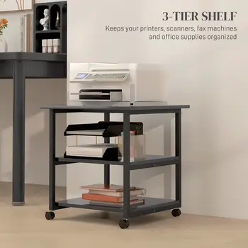 3-Tier Printer Stand with Storage Shelf, Mobile Printer Table on Wheels, 50 x 50 x 52.5cm Rolling Printer Cart for Office, Black | HOMCOM