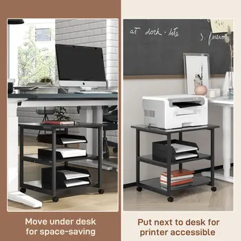 3-Tier Printer Stand with Storage Shelf, Mobile Printer Table on Wheels, 50 x 50 x 52.5cm Rolling Printer Cart for Office, Black | HOMCOM
