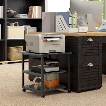 3-Tier Printer Stand with Storage Shelf, Mobile Printer Table on Wheels, 50 x 50 x 52.5cm Rolling Printer Cart for Office, Black | HOMCOM