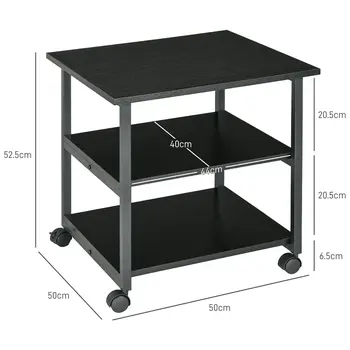 3-Tier Printer Stand with Storage Shelf, Mobile Printer Table on Wheels, 50 x 50 x 52.5cm Rolling Printer Cart for Office, Black | HOMCOM