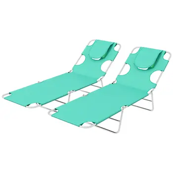 Foldable Sun Lounger Set of 2 w/ Reading Hole, Portable Sun Lounger w/ 5 Level Adjustable Backrest, Reclining Lounge Chair w/ Side | Outsunny