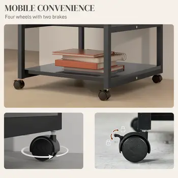 3-Tier Printer Stand with Storage Shelf, Mobile Printer Table on Wheels, 50 x 50 x 52.5cm Rolling Printer Cart for Office, Black | HOMCOM