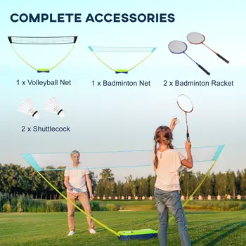 Badminton Set with Volleyball Net, Portable Badminton Net with 2 Rackets, 2 Shuttlecocks and Carry Case, for Indoor Outdoor Sports | SPORTNOW