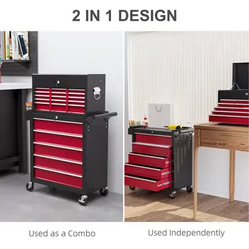 Rolling Tool Cabinet on Wheels w/ 14 Drawers, Pegboard & Side Rack, Lockable Top Tool Chest & Roller Cabinet Combo for Workshop Home | HOMCOM