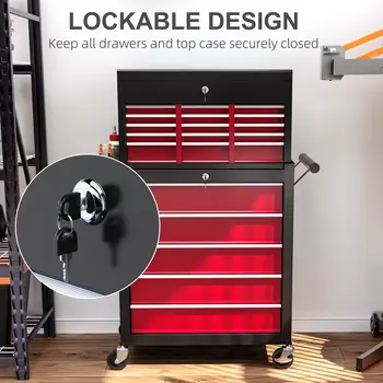Rolling Tool Cabinet on Wheels w/ 14 Drawers, Pegboard & Side Rack, Lockable Top Tool Chest & Roller Cabinet Combo for Workshop Home | HOMCOM