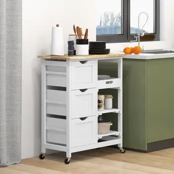 Rolling Kitchen Island Cart, Bar Serving Cart, Compact Trolley on Wheels with Wood Top, Shelves & Drawers for Home Dining in White | HOMCOM