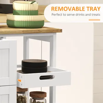 Rolling Kitchen Island Cart, Bar Serving Cart, Compact Trolley on Wheels with Wood Top, Shelves & Drawers for Home Dining in White | HOMCOM