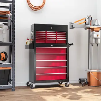 Rolling Tool Cabinet on Wheels w/ 14 Drawers, Pegboard & Side Rack, Lockable Top Tool Chest & Roller Cabinet Combo for Workshop Home | HOMCOM