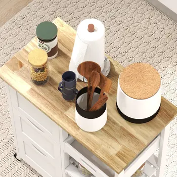 Rolling Kitchen Island Cart, Bar Serving Cart, Compact Trolley on Wheels with Wood Top, Shelves & Drawers for Home Dining in White | HOMCOM