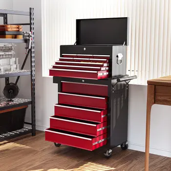 Rolling Tool Cabinet on Wheels w/ 14 Drawers, Pegboard & Side Rack, Lockable Top Tool Chest & Roller Cabinet Combo for Workshop Home | HOMCOM