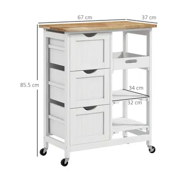 Rolling Kitchen Island Cart, Bar Serving Cart, Compact Trolley on Wheels with Wood Top, Shelves & Drawers for Home Dining in White | HOMCOM