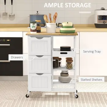 Rolling Kitchen Island Cart, Bar Serving Cart, Compact Trolley on Wheels with Wood Top, Shelves & Drawers for Home Dining in White | HOMCOM