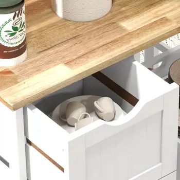 Rolling Kitchen Island Cart, Bar Serving Cart, Compact Trolley on Wheels with Wood Top, Shelves & Drawers for Home Dining in White | HOMCOM