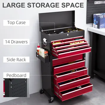 Rolling Tool Cabinet on Wheels w/ 14 Drawers, Pegboard & Side Rack, Lockable Top Tool Chest & Roller Cabinet Combo for Workshop Home | HOMCOM