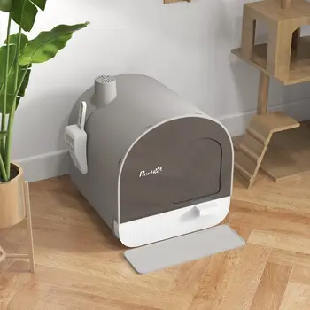 Hooded Cat Litter Box, Kitten Litter Tray, with Lid, Scoop, Filter, Flap Door, Light Grey | PawHut