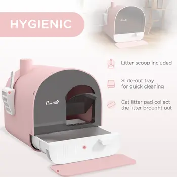 Hooded Cat Litter Box, Kitten Litter Tray, with Lid, Scoop, Filter, Flap Door, Pink | PawHut