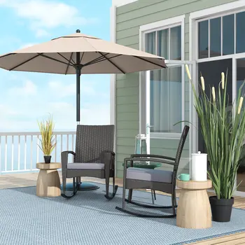 Outdoor PE Rattan Rocking Chair Set of 2, Garden Rocking Chair Set with Armrest and Cushion, Grey | Outsunny