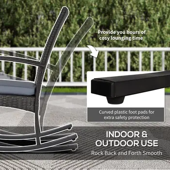 Outdoor PE Rattan Rocking Chair Set of 2, Garden Rocking Chair Set with Armrest and Cushion, Grey | Outsunny
