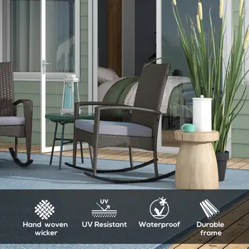 Outdoor PE Rattan Rocking Chair Set of 2, Garden Rocking Chair Set with Armrest and Cushion, Grey | Outsunny