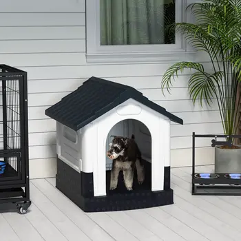 Plastic Dog Kennel with Windows, for Garden Patio, Miniature and Small Dogs, 80 x 69 x 76cm - Grey | PawHut