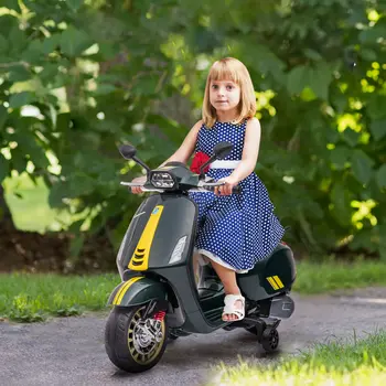 AIYAPLAY 12V Vespa Licensed Kids Electric Scooter Motorbike with Music, Headlights, FM Radio, for 3-6 Years in Green