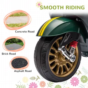 AIYAPLAY 12V Vespa Licensed Kids Electric Scooter Motorbike with Music, Headlights, FM Radio, for 3-6 Years in Green