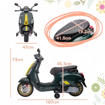 AIYAPLAY 12V Vespa Licensed Kids Electric Scooter Motorbike with Music, Headlights, FM Radio, for 3-6 Years in Green