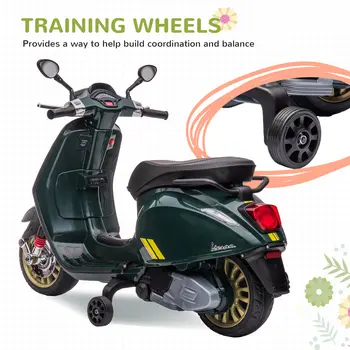 AIYAPLAY 12V Vespa Licensed Kids Electric Scooter Motorbike with Music, Headlights, FM Radio, for 3-6 Years in Green