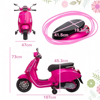 12V Vespa Licensed Kids Electric Scooter Motorbike w/ Music, Headlights, FM Radio, for 3-6 Years - Pink | AIYAPLAY