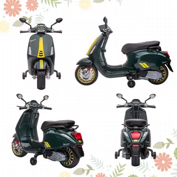 AIYAPLAY 12V Vespa Licensed Kids Electric Scooter Motorbike with Music, Headlights, FM Radio, for 3-6 Years in Green