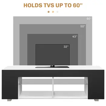 Modern TV Stand, 145cm TV Unit with Glass Shelves, RGB LED Light for 32 40 43 50 52 55 60 inch 4k TV, Black | HOMCOM