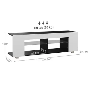 HOMCOM TV Stand, 145cm Modern TV Unit with Glass Shelves, RGB LED Light for 32 40 43 50 52 55 60 inch 4k TV in White
