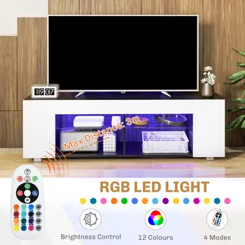 HOMCOM TV Stand, 145cm Modern TV Unit with Glass Shelves, RGB LED Light for 32 40 43 50 52 55 60 inch 4k TV in White