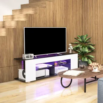 HOMCOM TV Stand, 145cm Modern TV Unit with Glass Shelves, RGB LED Light for 32 40 43 50 52 55 60 inch 4k TV in White