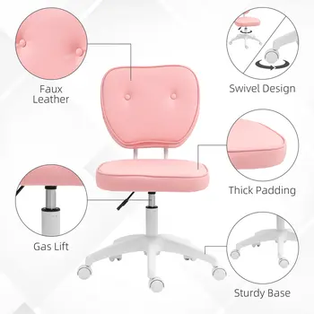 Vanity Office Chair, PU Leather Computer Chair for Home, with Adjustable Height, Armless, Swivel Wheels, Pink by Vinsetto