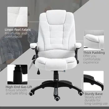 Vinsetto Massage Office Chair with 6 Heated Vibration Points, Executive Office Chair with Linen-Feel Fabric 360°, Swivel Wheels in Cream White