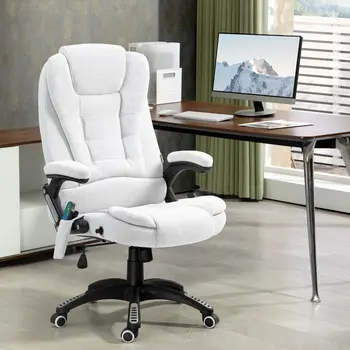 Vinsetto Massage Office Chair with 6 Heated Vibration Points, Executive Office Chair with Linen-Feel Fabric 360°, Swivel Wheels in Cream White