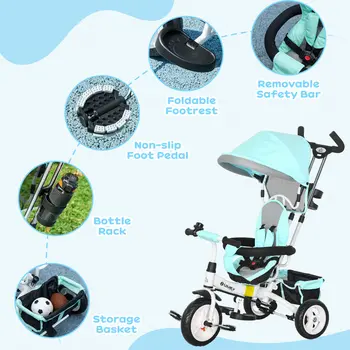 6 in 1 Kids Trike Push Bike w/ Push Handle, Canopy, 5-point Safety Belt, Storage, Footrest, Brake, for 1-5 Years, Green | HOMCOM