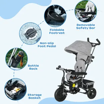 4 in 1 Kids Trike Push Bike with Push Handle, Canopy, 5-point Safety Belt, Storage, Footrest, Brake, for 1-5 Years in Grey | HOMCOM