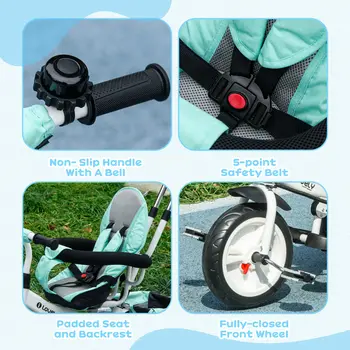 6 in 1 Kids Trike Push Bike w/ Push Handle, Canopy, 5-point Safety Belt, Storage, Footrest, Brake, for 1-5 Years, Green | HOMCOM