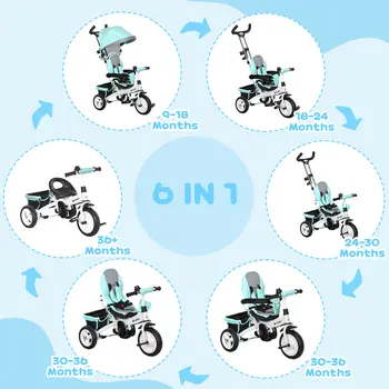 6 in 1 Kids Trike Push Bike w/ Push Handle, Canopy, 5-point Safety Belt, Storage, Footrest, Brake, for 1-5 Years, Green | HOMCOM