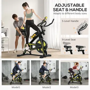 Indoor Exercise Bike, Stationary Bike, Cycling Machine with Adjustable Seat and Resistance for Home Gym Workout in Yellow by SPORTNOW