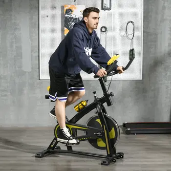 Indoor Exercise Bike, Stationary Bike, Cycling Machine with Adjustable Seat and Resistance for Home Gym Workout in Yellow by SPORTNOW
