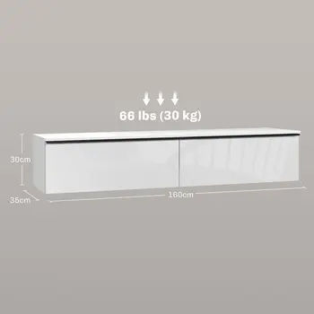 160cm High Gloss Floating TV Unit Stand for TVs up to 70", Wall Mounted TV Cabinet with Storage Cupboards in White by HOMCOM