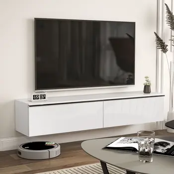 160cm High Gloss Floating TV Unit Stand for TVs up to 70", Wall Mounted TV Cabinet with Storage Cupboards in White by HOMCOM