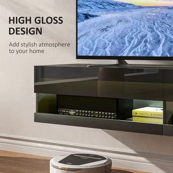 HOMCOM Floating TV Unit Wall Mounted TV Cabinet, High Gloss Media Wall Unit with LED Lights, Storages Shelves for Living Entertainment Room in Black